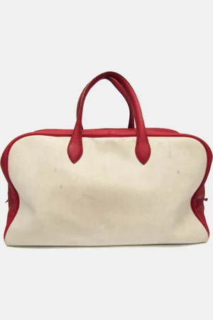 Hermès Natural Red Color Toile H Taurillon Clemence Leather Victoria 50 Boston Bag