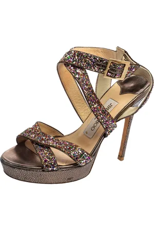 Jimmy Choo Coarse Glitter Leather Platform Sandals Size 37