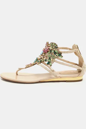 RENE CAOVILLA Rene Caovilla /Multicolor Lace and Crystal Embellished Flat Sandals Size 37