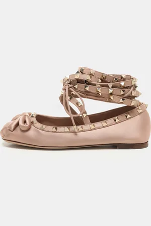 VALENTINO Rose Cannelle Satin and Leather Rockstud Multi Strap Ballet Flats Size 36.5