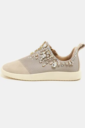 Giuseppe Zanotti Crystal Embellished Suede And Mesh May London Slip On Sneakers Size 36.5