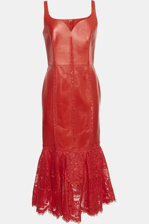 Alexander McQueen Leather and Lace Peplum Midi Dress M