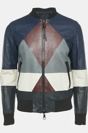VALENTINO Navy Patch Work Leather Zip-Up Jacket M