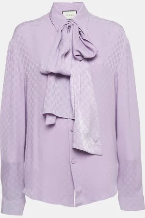 Gucci Monogram Jacquard Silk Neck Tie-Up Shirt L