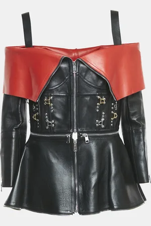 Alexander McQueen /Red Leather Zip Front Cold-Shoulder Top M