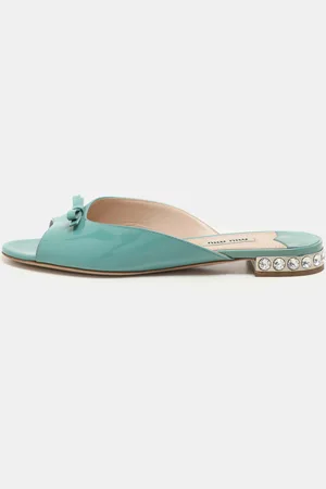 Miu Miu Mint Patent Leather Bow Crystal Embellished Heel Flat Slides Size 37