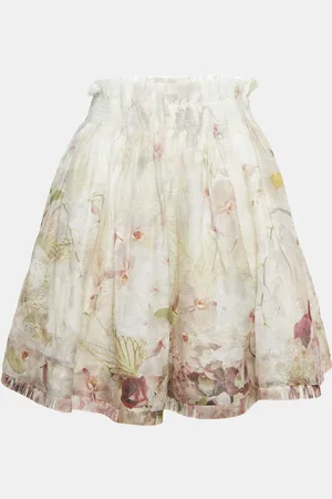ZIMMERMANN Floral Print Linen Blend Raw Edge Detail Short Skirt S