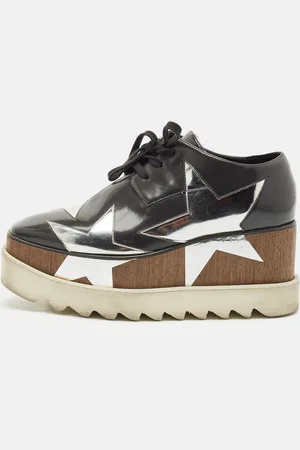 Stella McCartney Grey/Sliver Faux Leather Elyse Star Platform Lace Up Derby Size 35.5