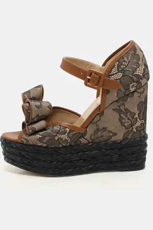 VALENTINO /Black Lace and Leather Bow Wedge Platform Sandals Size 37