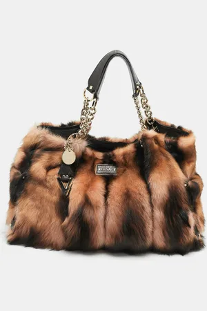 VERSACE Peach/Choco Brown Fur and Leather Charm Chain Tote