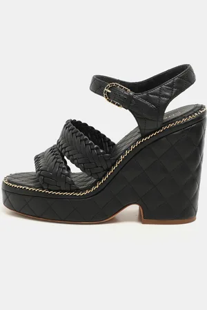 CHANEL Leather CC Chain Link Detail Wedge Platform Sandals Size 37.5