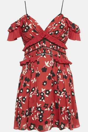 Self-Portrait Floral Print Crepe Off-Shoulder Ruffled Mini Dress M