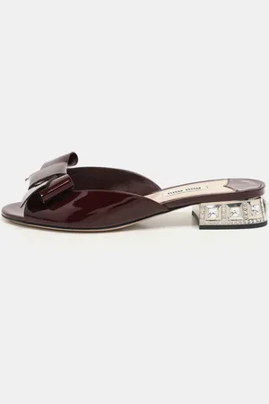 Miu Miu Patent Leather Bow Crystal Embellished Heel Slide Sandals Size 37