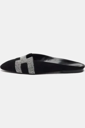 Hermès /Silver Suede and Crystal Roxane Flat Mules Size 36.5