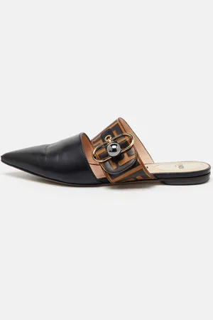 Fendi /Brown Zucca Leather Pointed Toe Flat Mules Size 36