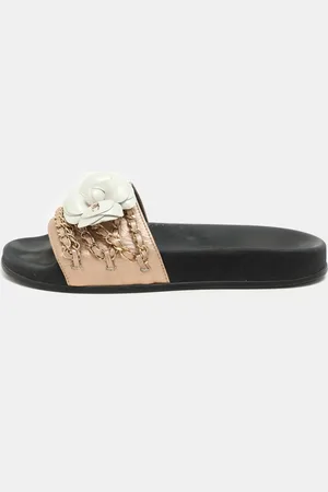 CHANEL Leather CC Camellia Chain Link Detail Slides Size 37