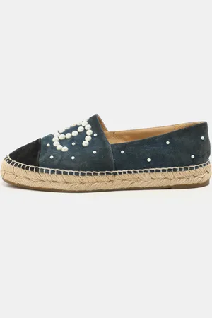 CHANEL Teal and Black Suede Faux Pearl CC Espadrilles Flats Size 37