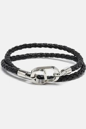 Dior CD Icon Braided Leather Silver Tone Double Bracelet