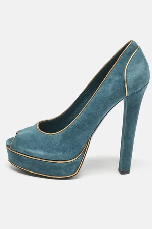Gucci BlueGold Leather and Suede Peep Toe Pumps Size 39