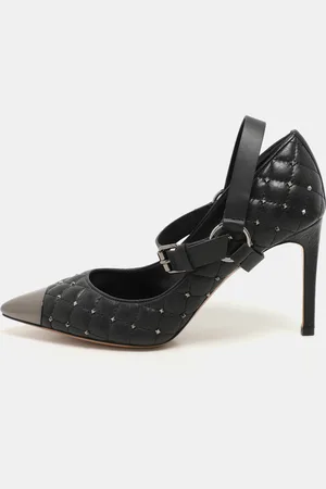 VALENTINO Quilted Leather Rockstud Spike Ankle Strap Cap Toe Pointed Pumps Size 36.5