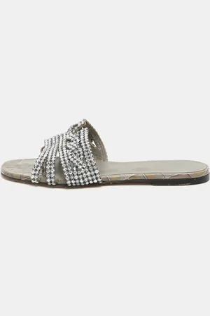 Gina Croc Embossed Crystal Embellished Thong Flat Slides Size 38.5
