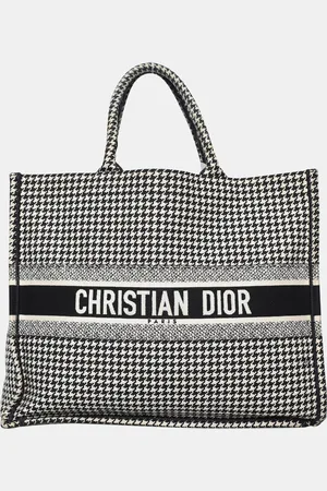 Dior & White Canvas Houndstooth Embroidered Medium Book Tote Bag