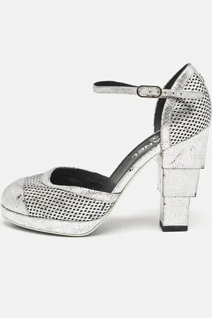 CHANEL Laser Cut Leather CC Platform Ankle Strap Pumps Size 38.5