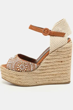 LE SILLA /Beige Canvas and Suede Crystal Embellished Wedge Sandals Size 37