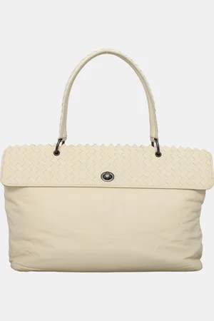 Bottega Veneta Off- Leather Intrecciato-Trim Top Handle Bag