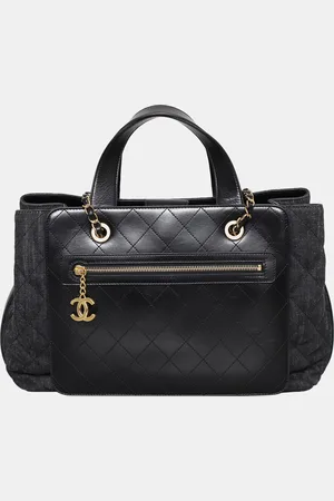 CHANEL & Grey Denim and Leather Quilted Shopper Tote Bag