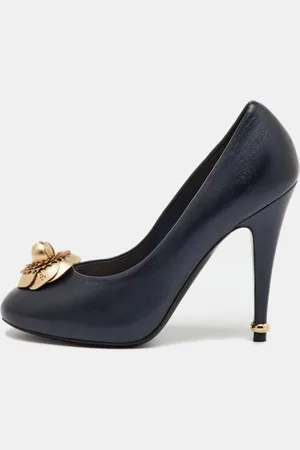 CHANEL /Gold Leather CC Camelia Round Toe Pumps Size 37.5
