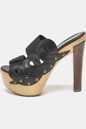 Fendi Leather and Elastic Wooden Platform Slide Sandals Size 38