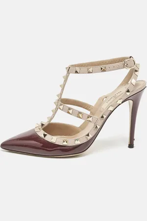 VALENTINO /Beige Patent Leather and Leather Rockstud Caged Ankle Strap Pumps Size 38