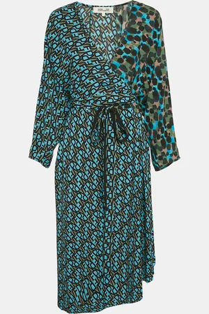 Diane von Furstenberg Logo Print Satin Wrap Detail Midi Dress L
