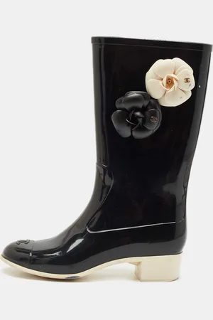 CHANEL Rubber Camellia Embellished CC Rain Boots Size 39