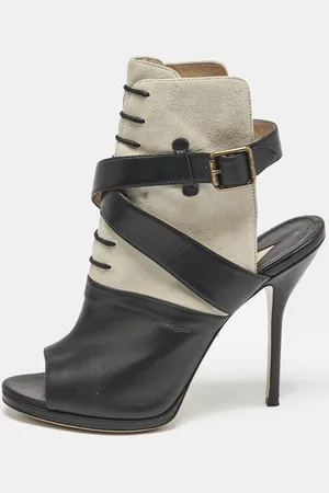 PAUL ANDREW /Grey Leather And Suede Criss Cross Open Toe Ankle Strap Boots Size 38
