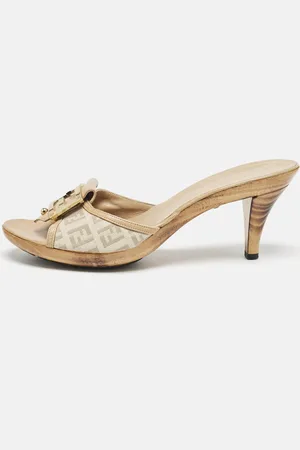 Fendi Zucchino Canvas and Leather FF Buckle Slide Sandals Size 38.5