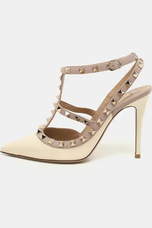 VALENTINO /Beige Patent and Leather Rockstud Ankle Strap Pumps Size 37