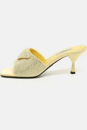 Prada Crystal Embellished Satin Logo Slide Sandals Size 37