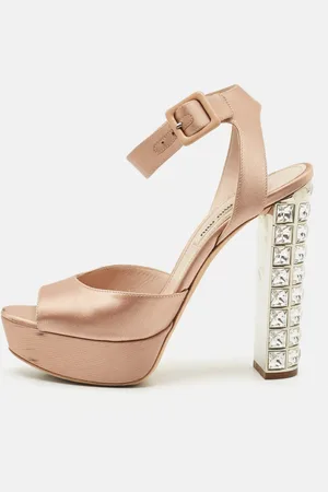 Miu Miu Satin Crystal Embellished Block Heel Ankle Strap Platform Sandals Size 38.5
