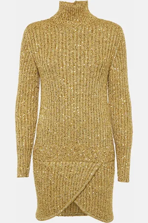 CHANEL Sequin Embellished Rib Knit Mini Sweater Dress S
