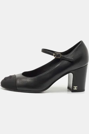 CHANEL Leather and Fabric CC Cap Toe Mary Jane Pumps Size 36.5