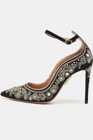 Aquazzura Suede Embroidered Jaipur Pointed Toe Ankle Strap Pumps Size 37
