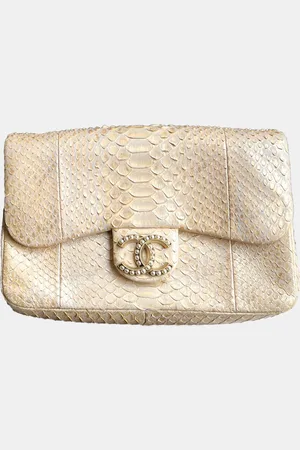 CHANEL Gold Snakeskin Pearl Chain Shoulder Bag