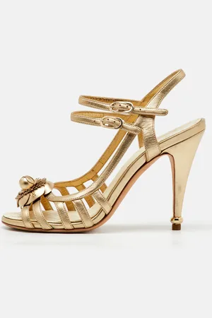 CHANEL Metallic Leather CC Camellia Ankle Strap Sandals Size 39