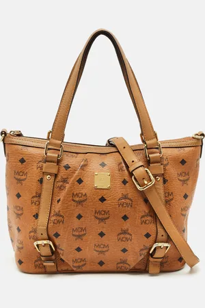 MCM Cognac Visetos Coated Canvas and Leather Top Zip Tote