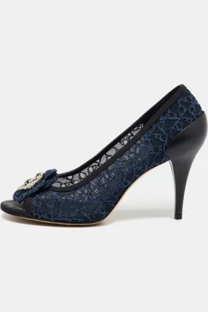 CHANEL Lace CC Camellia Crystal Embellished Open Toe Pumps Size 39