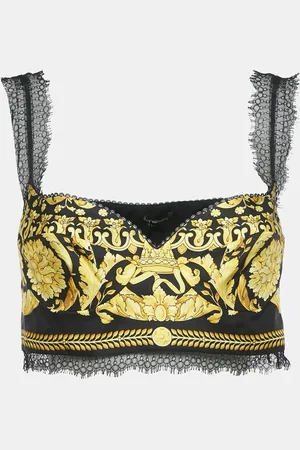 VERSACE Black/ Baroque Print Silk and Lace Bralette Top M