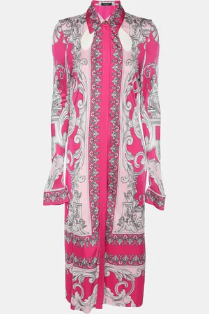 VERSACE /Silver Satin Baroque Cutout Midi Shirt Dress S