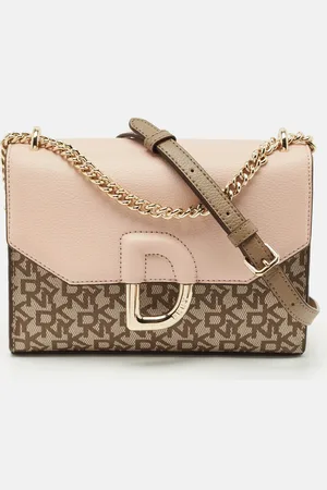 DKNY Light /Beige Signature Coated Canvas and Leather Von Flap Shoulder Bag